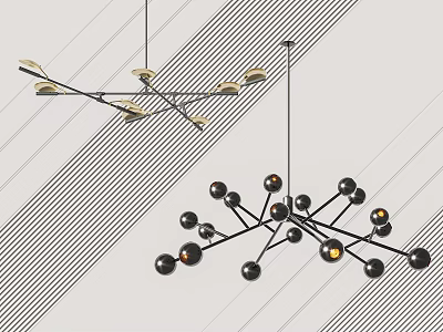 Modern Branch And Spherical Orb Chandeliers With Black Gold Metal Design For Interior Lighting 3d model