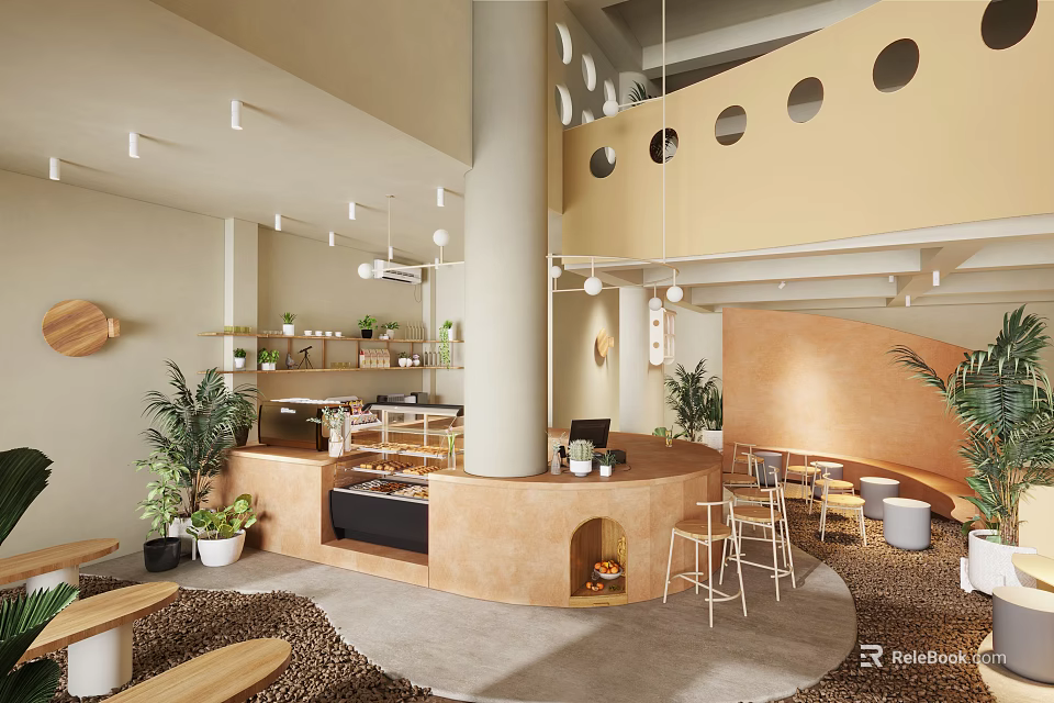 Warm Cafe Interior Design With Central Bar Counter Wooden Tables Green Plants And Circular Windows 3d model 