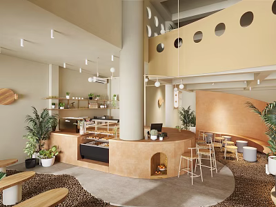 Warm Cafe Interior Design With Central Bar Counter Wooden Tables Green Plants And Circular Windows 3d model