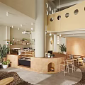 Warm Cafe Interior Design With Central Bar Counter Wooden Tables Green Plants And Circular Windows
