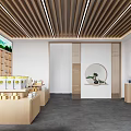 Modern Specialty Store Interior With Wooden Ceiling Glass Windows Display Shelves And Wooden Counters