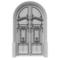 Blue Double Doors With Arched White Frame Ornate Carvings And Brass Knockers