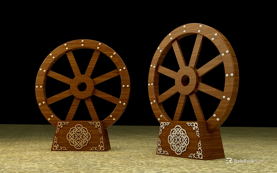 Wooden Commercial Equipment With Decorative Wheels And Intricate Base Patterns 3d model 