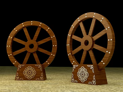 Wooden Commercial Equipment With Decorative Wheels And Intricate Base Patterns 3d model