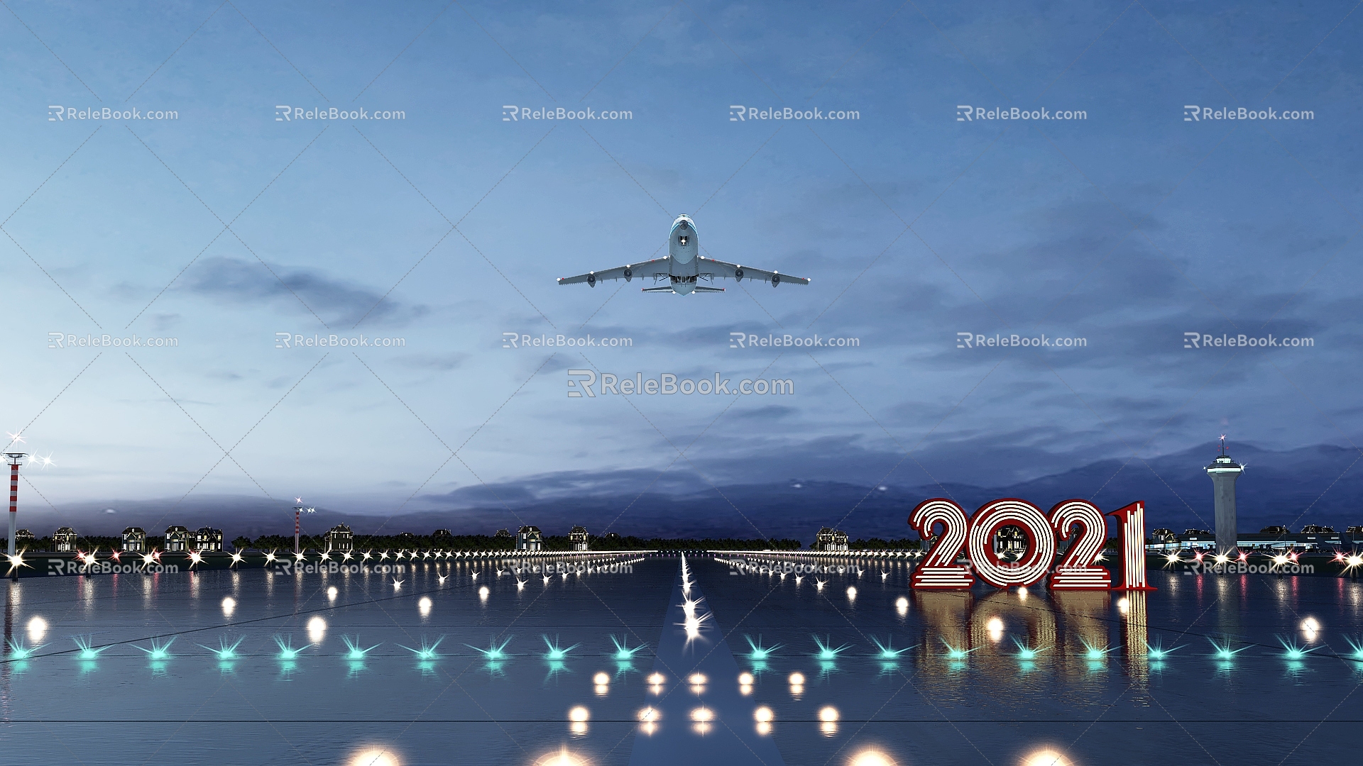 New year airport title plane lighthouse water surface ground light year brand house 3d model