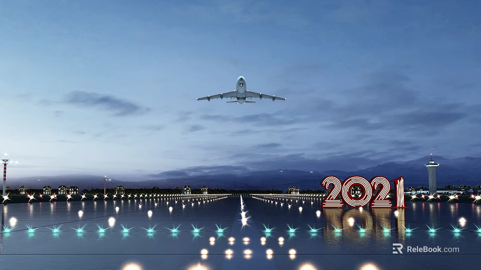 Airplane Flying Over Illuminated Water Surface With 2021 Display And Evening Cloudy Sky 3d model 