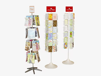 Various Design Brochure Display Stands With Black Tripod And White Bases Holding Flyers 3d model