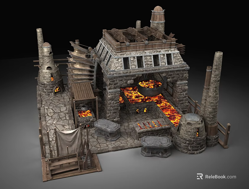 Medieval Blacksmith Forge With Stone Structure Chimneys Burning Furnaces And Workbenches 3d model