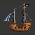 Pirate Ship Model Featuring Orange Hull Blue White Striped Sails And Skull Flag
