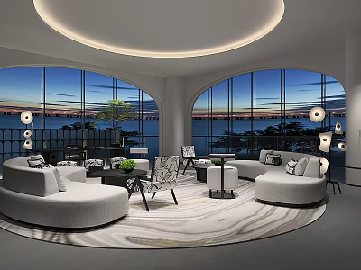 Modern Lounge Area with Large Windows Ocean Sunset View Circular Sofas Chairs Rug Green Plant 3d model