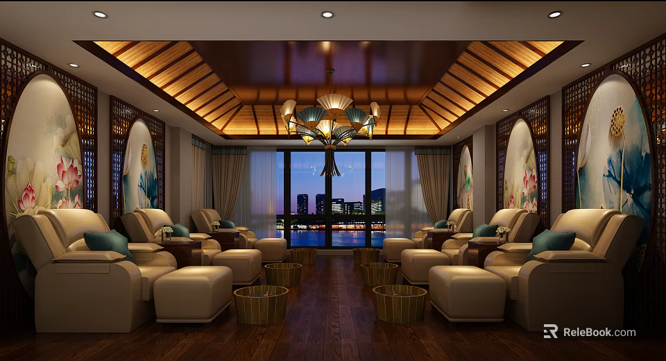 Serene SPA Sauna Interior Featuring Wooden Ceiling Chandelier Beige Armchairs And City Night View 3d model 