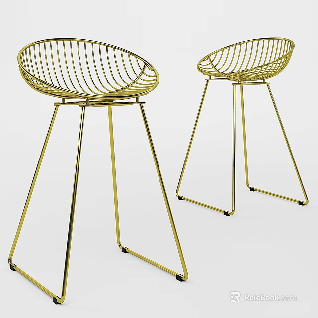 Golden Metal Modern Stools With Sleek Wireframe Seat And Slanted Legs 3d model 
