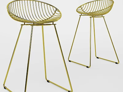 Golden Metal Modern Stools With Sleek Wireframe Seat And Slanted Legs 3d model