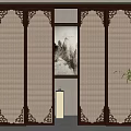 Traditional Chinese Sliding Doors Interior With Wooden Frame Rattan Panels Decorative Painting And Green Plant