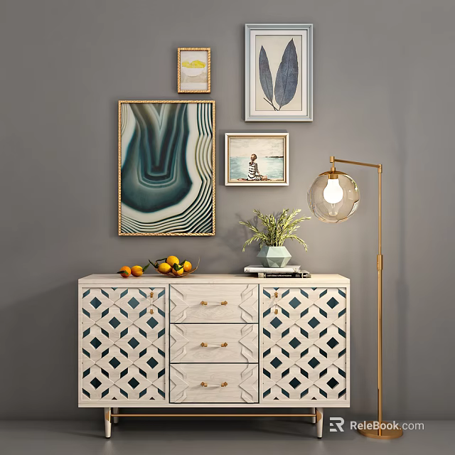 Entryway Cabinet Sideboard With Decorative Paintings Fruit Green Plant And Table Lamp 3d model 
