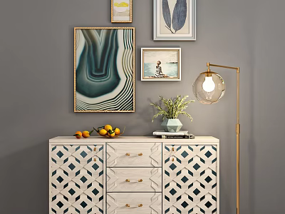 Entryway Cabinet Sideboard With Decorative Paintings Fruit Green Plant And Table Lamp 3d model