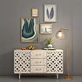 Entryway Cabinet Sideboard With Decorative Paintings Fruit Green Plant And Table Lamp