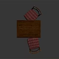 Vintage Wooden Table With Carved Back Chairs And Red Plaid Fabric Seats