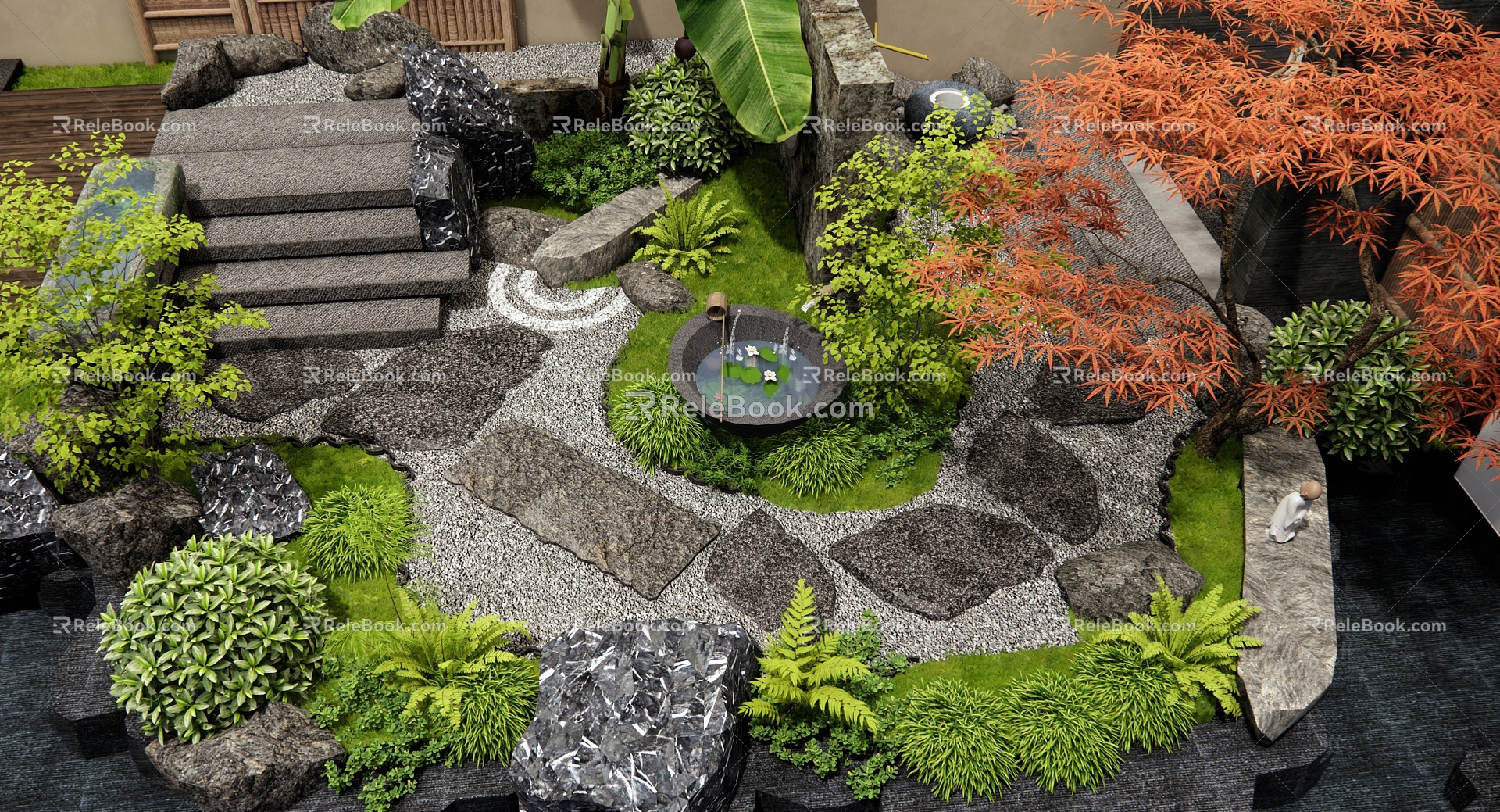 Japanese-style Dry Landscape Courtyard Landscape Country Courtyard Homestay Courtyard Landscape Stone Ting Stone Slab Steps Plant Pile Plant Landscape Flowers and Plants Red Maple 3d model