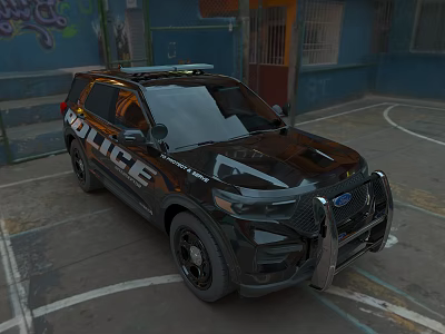 Black Police SUV with Emergency Lights Parked in Urban Area with Graffiti Background 3d model