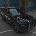 Black Police SUV with Emergency Lights Parked in Urban Area with Graffiti Background