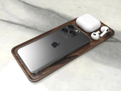 Silver iPhone With Multiple Cameras And White AirPods On Wooden Tray Over Marble Surface 3d model