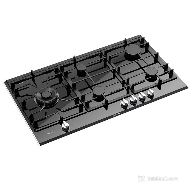Black Gas Hob With Multiple Burners And Control Knobs For Kitchen 3d model 