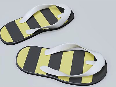 Casual Yellow And Black Striped Flip Flops With White Straps For Summer Wear 3d model