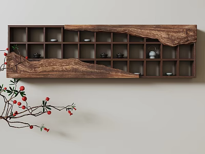 Wooden Chinese Antique Shelf with Teacups and Decorative Red Fruit Branch on Light Wall 3d model