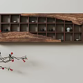 Wooden Chinese Antique Shelf with Teacups and Decorative Red Fruit Branch on Light Wall