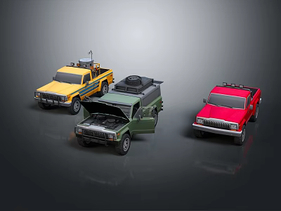 Yellow Green Red Military Vehicle Models With Open Hood And Roof Equipment 3d model