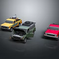 Yellow Green Red Military Vehicle Models With Open Hood And Roof Equipment