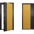 Modern Swing Door with Yellow Mesh Panel and Black Frame Design 3d model