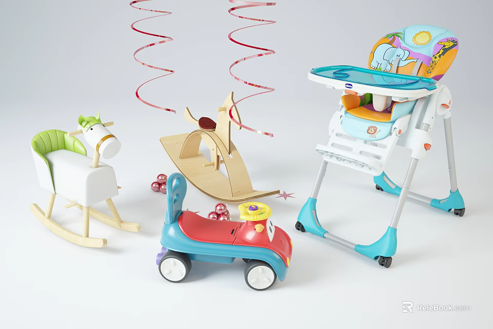 Colorful Electric Toys Collection Including Rocking Horse Wooden Rocker And Red Toy Car 3d model 