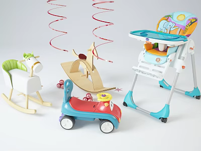 Colorful Electric Toys Collection Including Rocking Horse Wooden Rocker And Red Toy Car 3d model