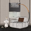 White Single Sofa With Tufted Design Arched Floor Lamp Abstract Painting And Small Round Table