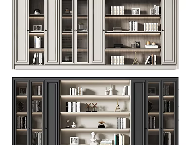 Modern Bookcase With Glass Doors Open Shelves Books And Decorative Items 3d model