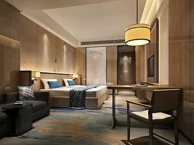 Modern Hotel Room Interior With Comfortable Bed Sofa Wooden Table Pendant Light And Decorative Rug 3d model