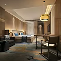 Modern Hotel Room Interior With Comfortable Bed Sofa Wooden Table Pendant Light And Decorative Rug