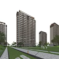 Modern High Rise Residential Building with Green Lawn Trees Walking Path and Outdoor Facilities