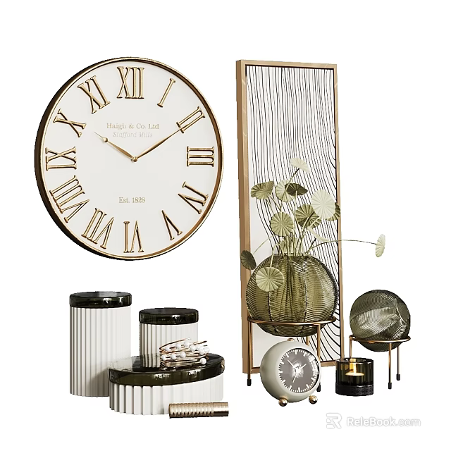 Stylish Decorative Ornament Combination With Round Clock Metal Frame Decor Vase Plants And Storage Jars 3d model 