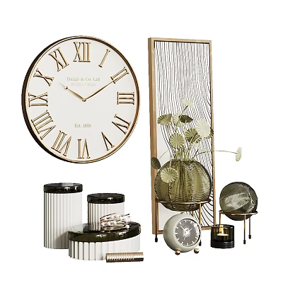 Stylish Decorative Ornament Combination With Round Clock Metal Frame Decor Vase Plants And Storage Jars 3d model