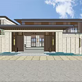 Modern Urban Building Complex With Stone Glass Facade And Courtyard Plaza Under Blue Sky