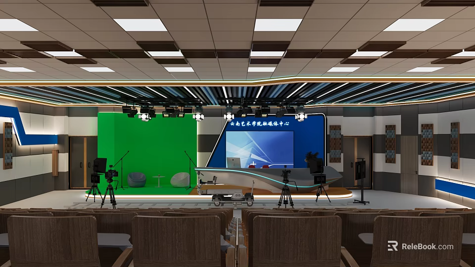 School Broadcasting Studio Featuring Green Screen Blue Display Cameras Lighting And Seating 3d model 