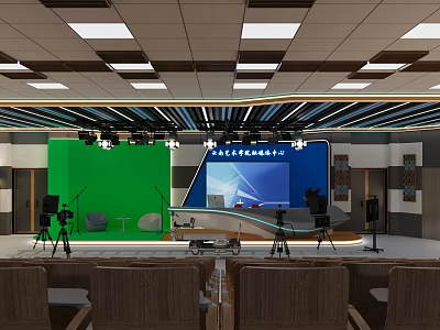School Broadcasting Studio Featuring Green Screen Blue Display Cameras Lighting And Seating 3d model
