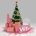 Festive Christmas Tree With Pink Gift Boxes Welcome Sign And Decorations