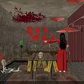 Spooky Chinese Room With Red Dress Woman Red Umbrella Skeleton Green Lantern And Blood Stains