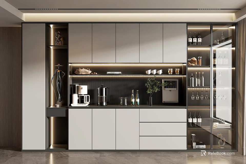 Modern Built in Wine Cabinet With Glass Doors LED Lighting And Bottle 3d model 