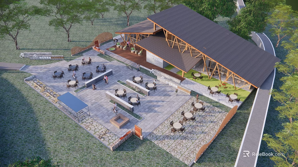 Scenic Post Station With Wooden Roof Outdoor Seating And Stone Paved Ground For Relaxation 3d model 