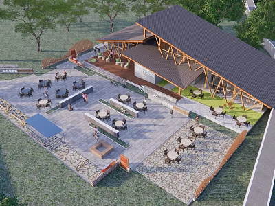Scenic Post Station With Wooden Roof Outdoor Seating And Stone Paved Ground For Relaxation 3d model